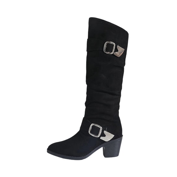 Dasayo Mid-Calf Women Boots Black Slouchy Wide Calf Kitten Heel Snip Toe Buckles Shoes Ladies Shoes 36