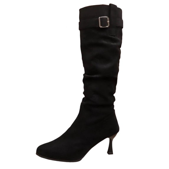 Dasayo Mid-Calf Women Boots Wide Calf Black Slouch Pointed Toe Dress High Heel Boots Woman Shoes 36