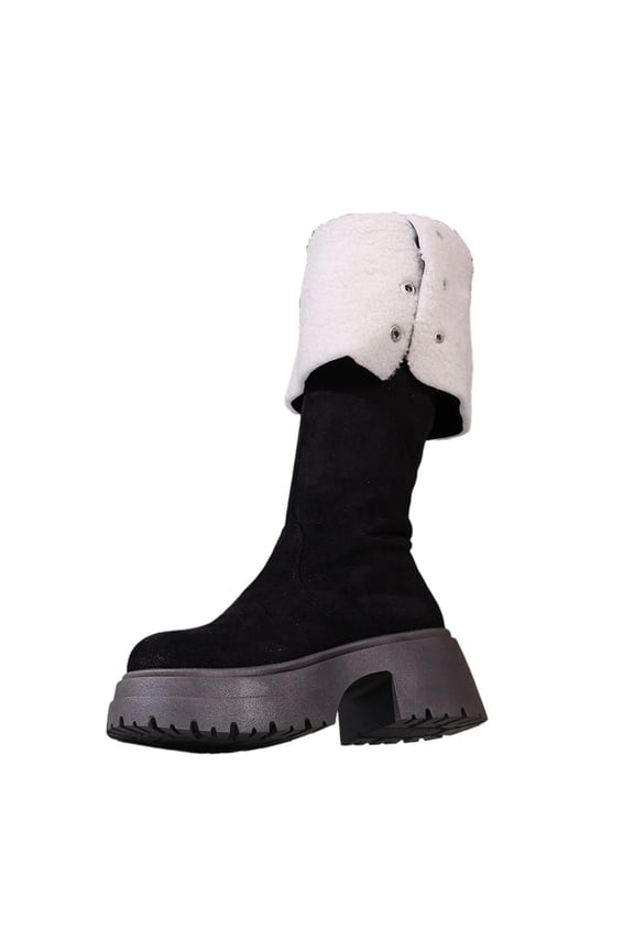 Mid-Calf Women's Boots Black Winter Chunky Ski Low Heel Buckle Furry Boots Shoes Women 36