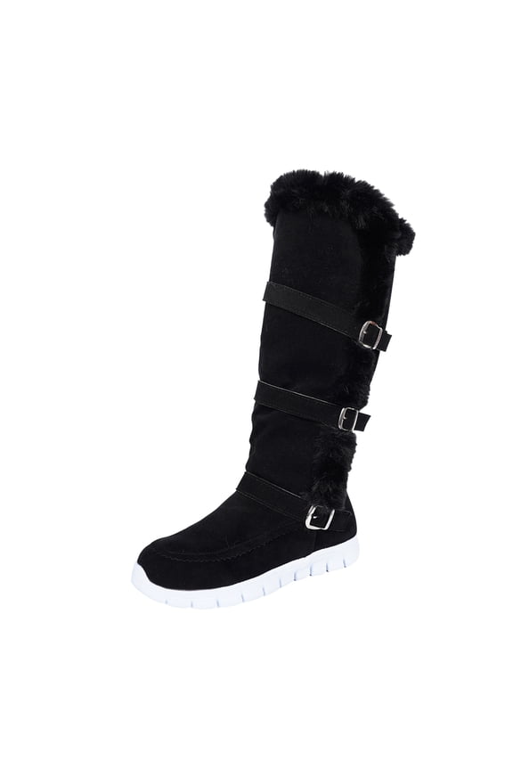 Mid-Calf Women's Boots Winter Black Furry Fleece Lined Snow Non Slip Buckles Boots Shoes Women 36