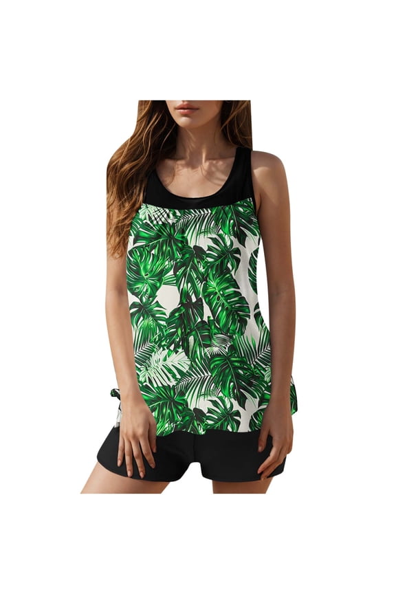 Modest Womens Tankini Green Tummy Control Two Piece Ruched High Waisted Floral Tankinis for Women over 60 S