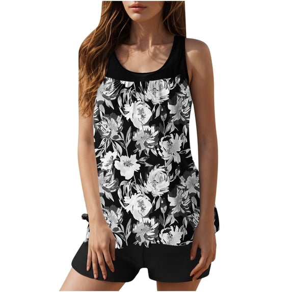 Dasayo Modest Womens Tankini High Waisted Gray Tummy Control 2 Piece Floral Ruched Tankini Womens Swimsuits XXL