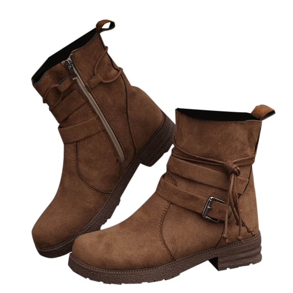 Dasayo Motorcycle Ladies Boots Chunky Brown Ankle Buckles Round Toe Side Zip Boots Womens Shoes 43