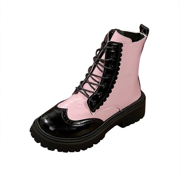 Dasayo Motorcycle Women Boots Pink Ankle Non Slip Lace up Side Zip Colorblock Faux Leather Boots Womans Shoes 37