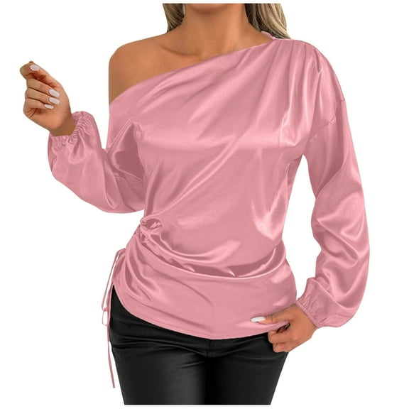 Dasayo One Shoulder Tops for Teachers Satin Long Sleeve Pink Shirts Fitted Drawstring Cheeky Outfits Women's T-Shirts M