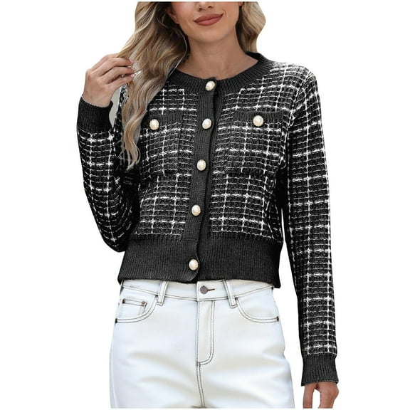 Dasayo Open Front Coats for Women Cropped Knit Black Cardigan Plaid Button up Fall Long Sleeve Coats Jacket for Women L