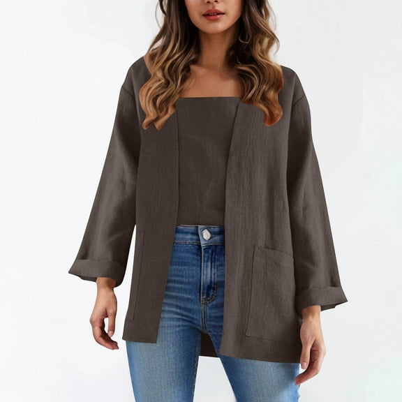 Dasayo Open Front Women's Tops Long Sleeve Gray Fall Solid Pocket Cardigans Women Shirts XXL
