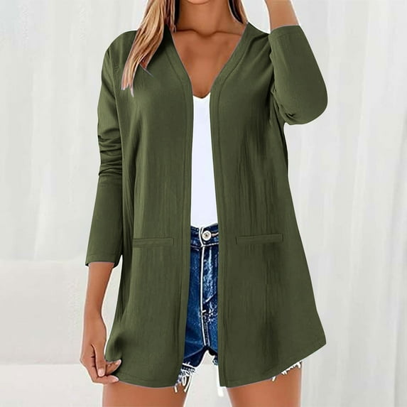 Dasayo Open Front Womens Tops Trendy Green Lightweight Long Sleeve Pocket Dressy Solid Cardigans Women's Blouse L