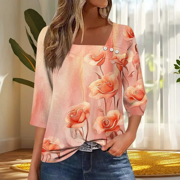 Dasayo Orange Women's Tops Boho Dressy 3/4 Sleeve Buttons Tropical Blouses Womens Tshirts XXL
