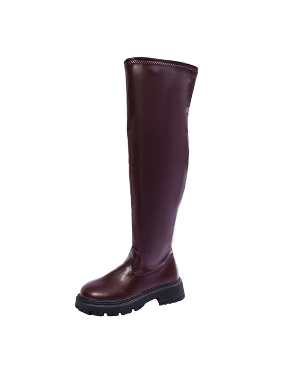 Over-The-Knee Women's Boots Non Slip Brown Chunky Faux Leather High Top Winter Round Toe Boots Ladies Shoes 37