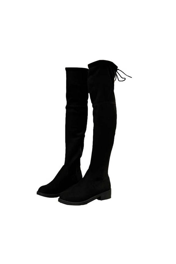 Over-The-Knee Women's Boots Winter Round Toe Black Low Heel Lace up Dress Rubber Boots Women's Shoes 41