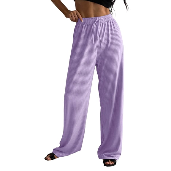 Dasayo Palazzo Ladies Pants Ribbed Wide-Leg High Rise Sweatpants Drawstring Straight Activewear Sweatpants for Women M