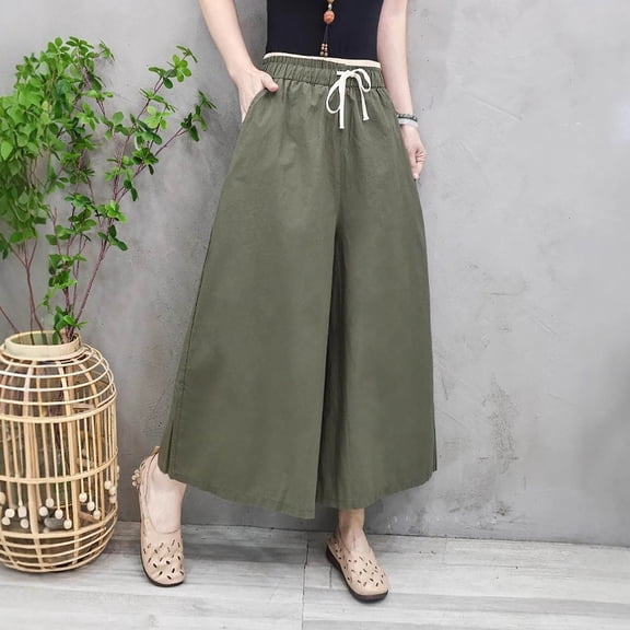 Dasayo Palazzo Womens Pants Cotton Linen Wide-Leg Slacks Drawstring Business Work Capris Womens Capris Free Size