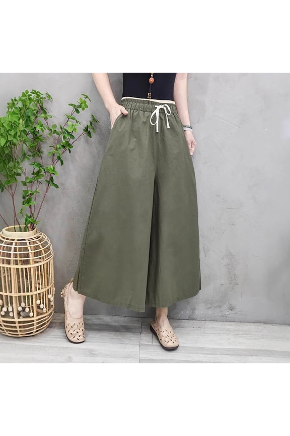 Palazzo Womens Pants Cotton Linen Wide-Leg Slacks Drawstring Business Work Capris Womens Capris Free Size