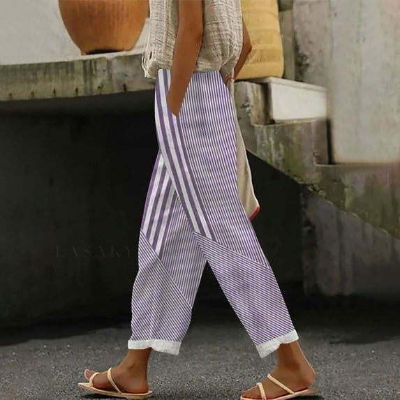 Dasayo Pants for Women Cotton Elastic Waist Chinos Loose Slacks Comfy Casual Striped Trousers Capris for Women XXL