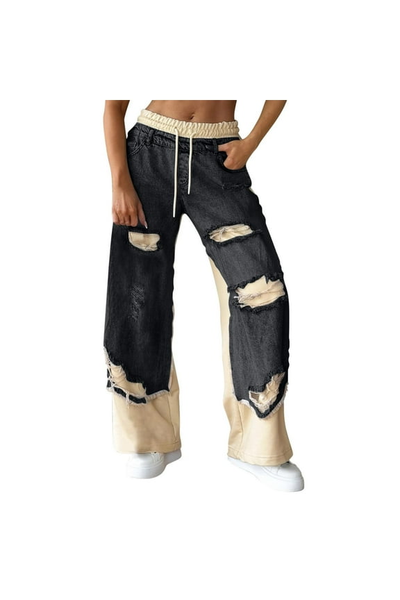 Pants for Women Palazzo Wide-Leg Blue Sweatpants Drawstring Patchwork Ripped Jeans Womens Sweatpants XL