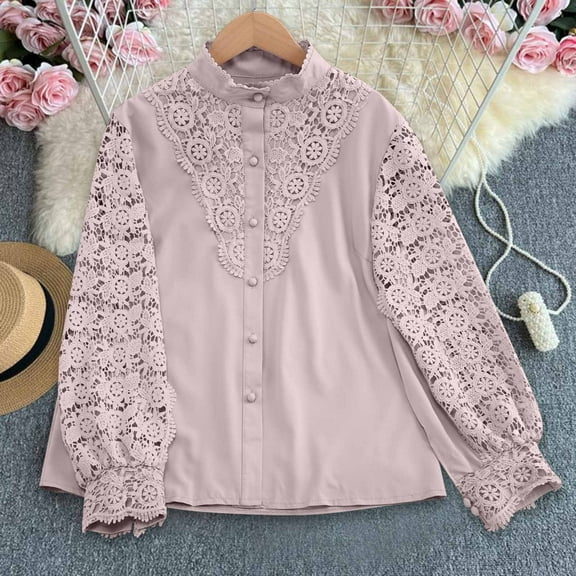 Dasayo Pink Ladies Tops and Blouses Lace Long Sleeve Elegant Solid Button-Up Shirts Sweatshirts for Women XXL