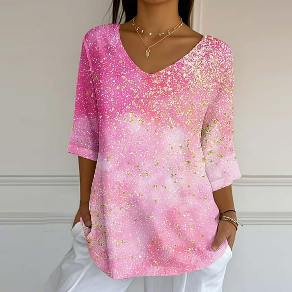 Dasayo Pink Tops for Women 3/4 Sleeve Dressy V-Neck Sparkly Loose Blouses Women Blouses L