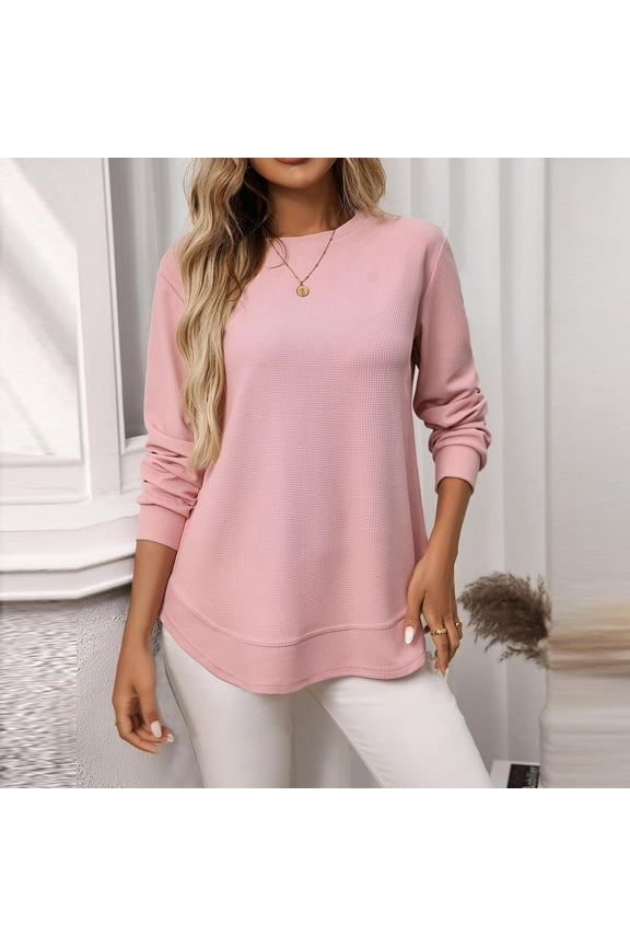Pink Tops for Women Trendy Waffle Knit Dressy Long Sleeve Fall Solid Blouses Shirts for Women L