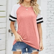 Dasayo Pink Trendy Tops for Women Summer Crew Neck Tshirts Short Sleeve Color Block Clothes Size M