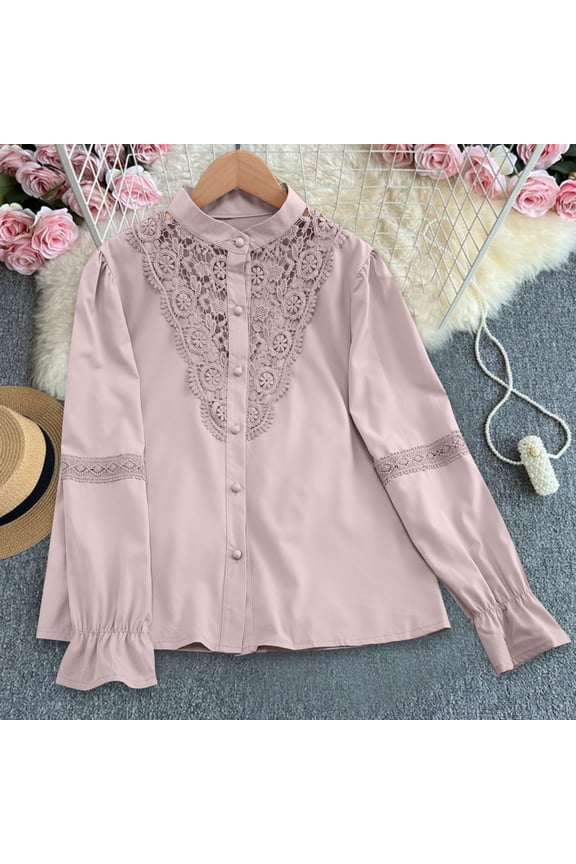 Pink Womens Tops Long Sleeve Elegant Lace Solid Ruffle Button-Up Shirts Womens Tshirts M