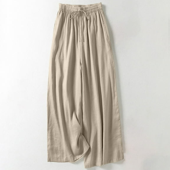 Dasayo Pleated Ladies Pants High Rise Cotton Linen Wide-Leg Beige Slacks Solid Drawstring Flowy Pants Women Jeans L