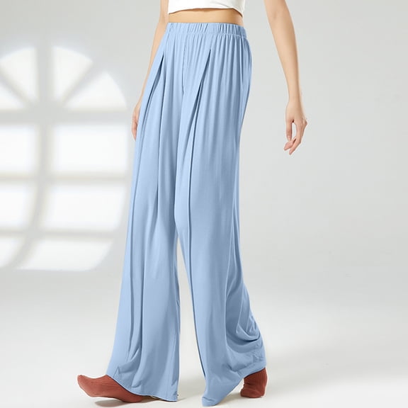Dasayo Pleated Ladies Pants Lounge Elastic Waisted Wide-Leg Light Blue Trousers Straight Solid Homewear Women's Capris S