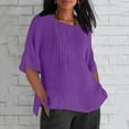 thumbnail image 1 of Dasayo Pleated Ladies Tops Short Sleeve Cotton Linen Purple Solid Casual Split Blouses Women's T-Shirts L, 1 of 5