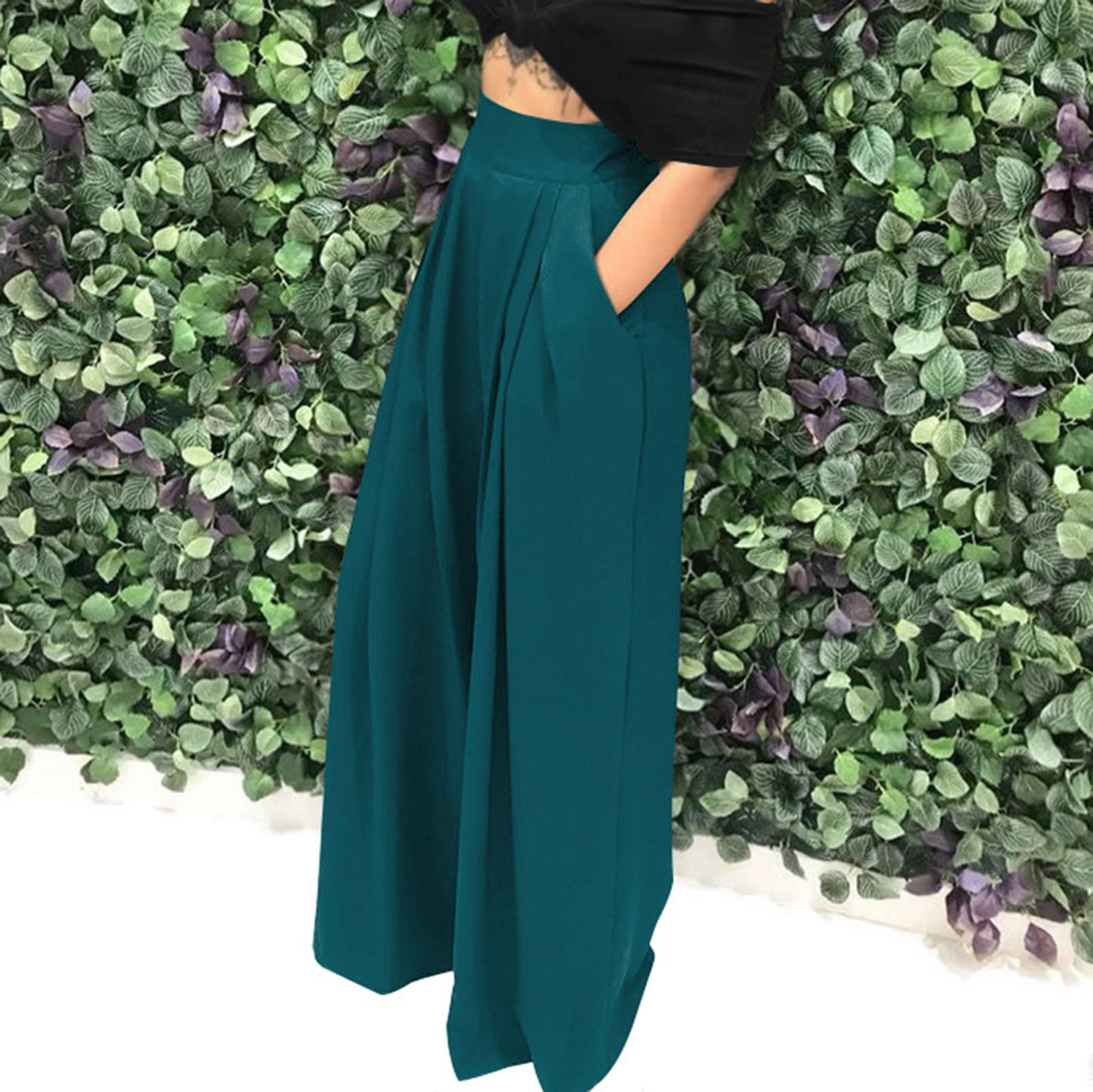 Dasayo Pleated Women Pants Green High Waist Wide-Leg Slacks Workout ...