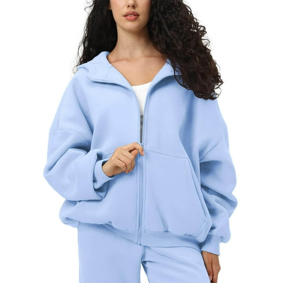 Dasayo Plus Size Women's Coats Thick Sport Light Blue Hooded Coats Pullover Full Zip Hoodie Shackets for Women 2025 L