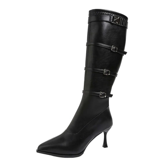 Dasayo Pointed Toe Women's Boots Mid-Calf Black Dress High Heel Buckles Business Faux Leather Boots Shoes for Women 36