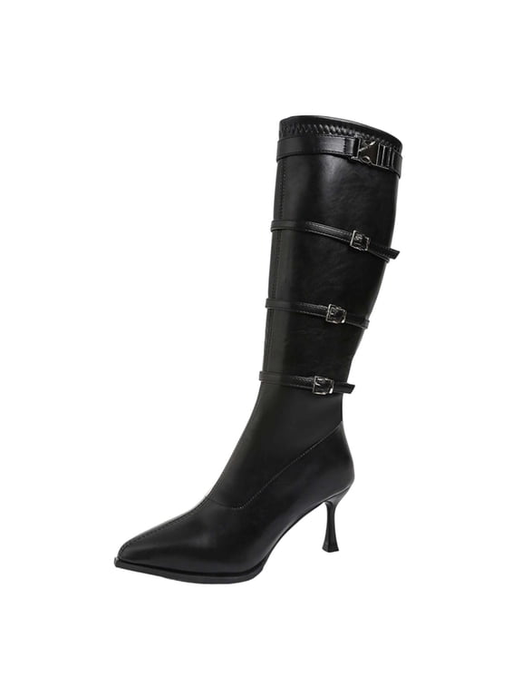 Pointed Toe Women's Boots Mid-Calf Black Dress High Heel Buckles Business Faux Leather Boots Shoes for Women 36