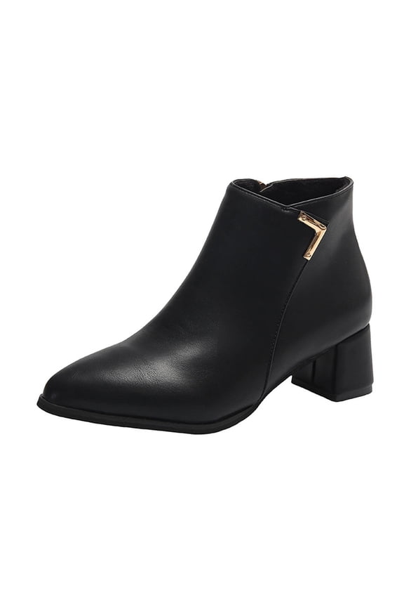 Pointed Toe Womens Booties Chelsea Ankle Black Low Heel Faux Leather Short Side Zipper Booties Womans Shoes 37