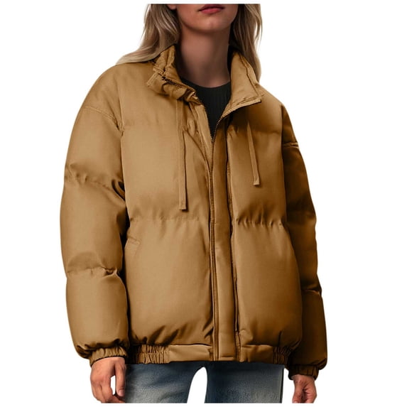 Dasayo Puffed Womens Coat Quilted Zipper Bronze Elastic Hem Drawstring Winter Coats Womens Shacket XXXXL
