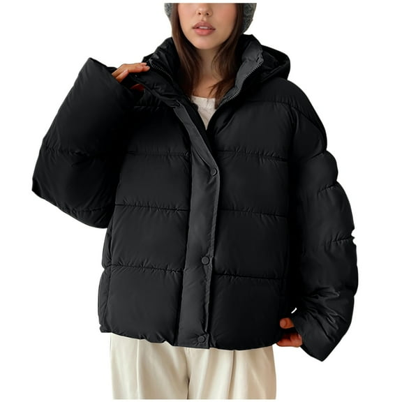 Dasayo Puffer Womens Coats Thick Black Hooded Zipper Coats Winter Hike Long Sleeve Outerwear Shackets for Women 2025 L