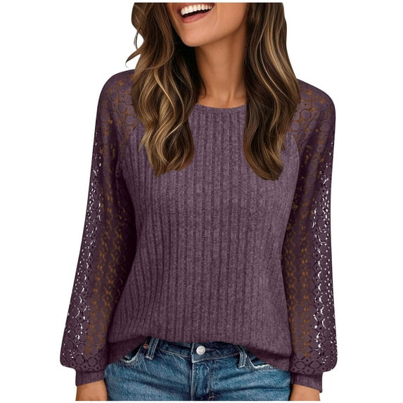 Dasayo Purple Tops for Teachers Long Sleeve Knit Lace Elegant Shirts Fall Crewneck See Through Women's Sweatshirts XL