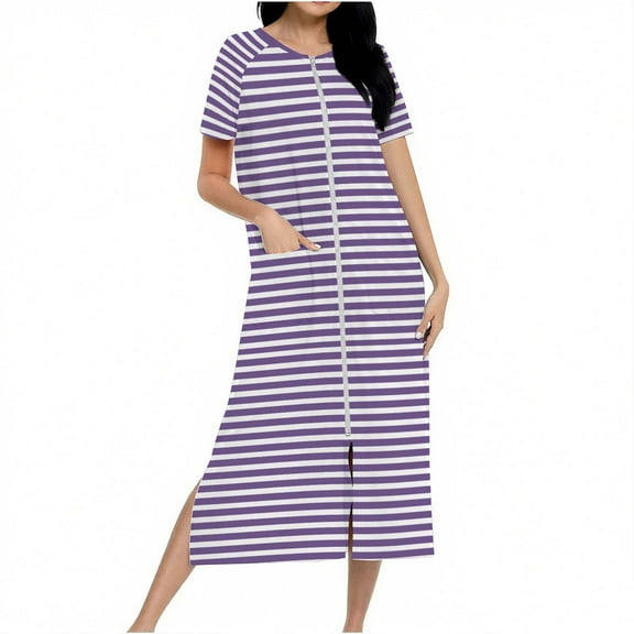 Dasayo Purple Women Nightgown Short Sleeve Zip up Hospital Long Chemises Side Split Striped Sleepwear Womens Pajamas L