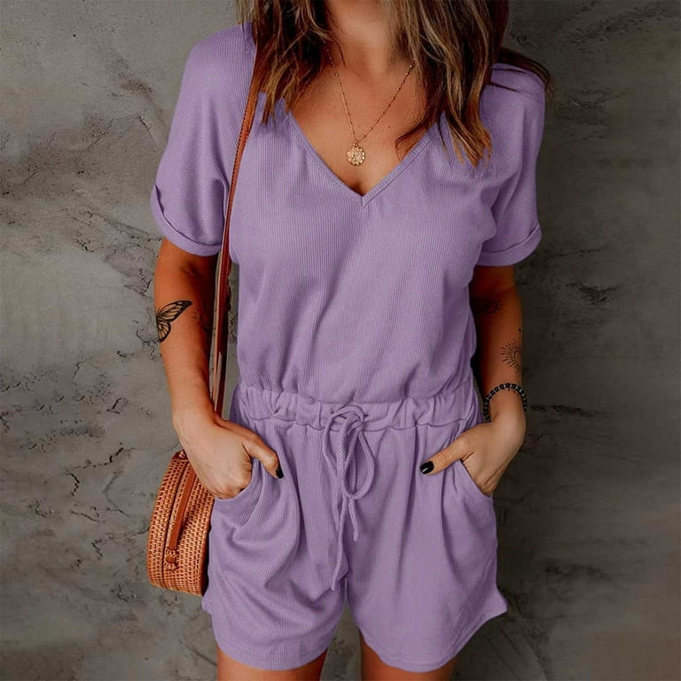 Dasayo Purple Women's Rompers Fashion Women Summer Casual Short Sleeve  Solid Color V-Neck Jumpsuits