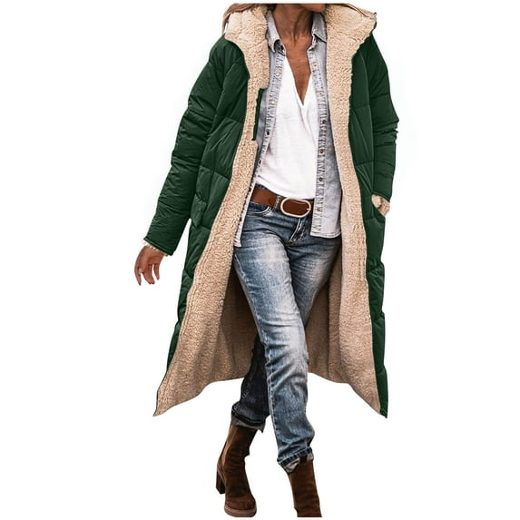Dasayo Quilted Women Coats Full Zip Fleece Green Long Thermal Hooded Coats Jacket for Women L