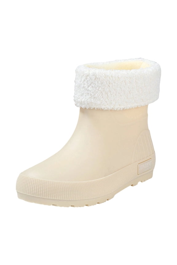 Rain Ladies Boots Beige Waterproof Ankle Fall Flat Heel Slip on Booties Ladies Shoes 35