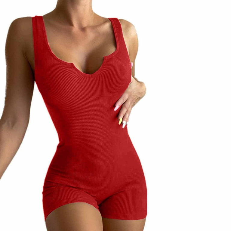 Dasayo Red V Neck Bodysuit for Women Women's Solid Color Casual Knit Ribbed  V-Neck Tank Top Sleeveless Slim Fit Sports Shorts Jumpsuit 