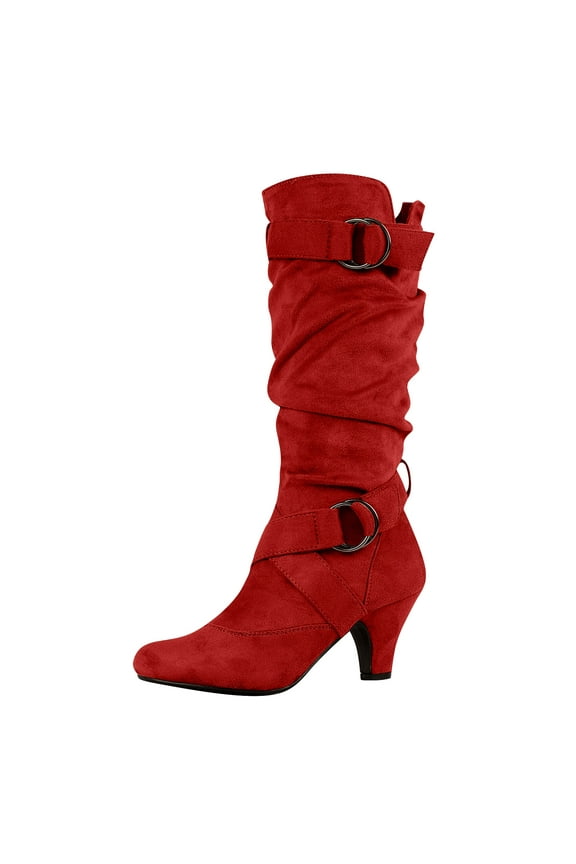 Red Woman Boots Mid-Calf Slouch Dress Pointed Toe Buckle Block Heel Boots Women Shoes 42