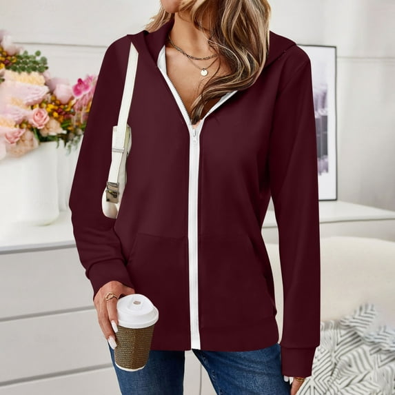Dasayo Red Women Sweatshirts Women Full Zip up Hooded Long Sleeve Solid Pocket Jackets Womens Tees M
