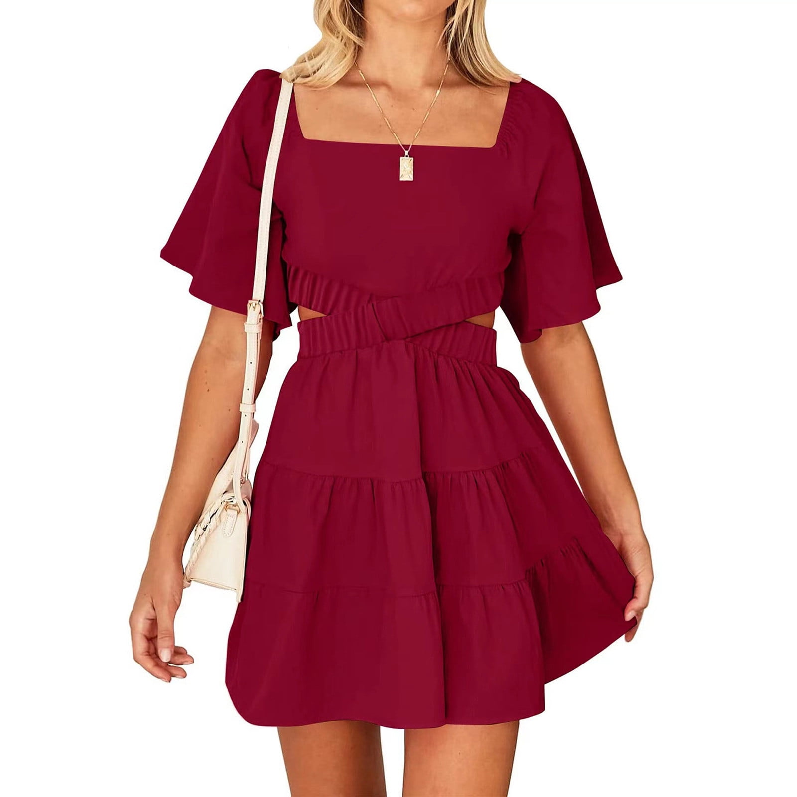 Dasayo Red Womens Summer Dresses 2024 Short Sleeve Above Knee Young Adult Dresses Daily Solid