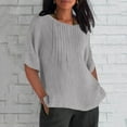 thumbnail image 1 of Dasayo Short Sleeve Tops for Women Trendy Pleated Cotton Linen Gray Split Casual Solid Blouses Tee Shirts Womens XXXXL, 1 of 5