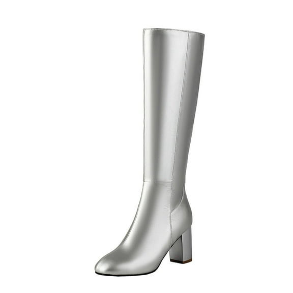 Dasayo Silver Womens Booties Fall Dress Knee-High Snip Toe Side Zipper Faux Leather High Heel Boots Woman Shoes 38