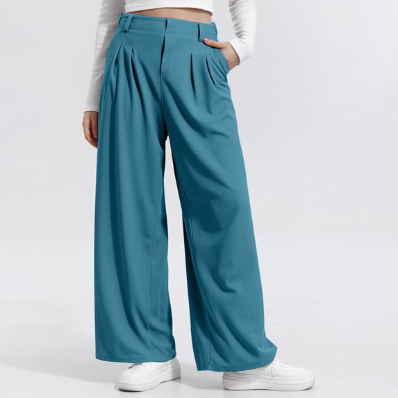 Dasayo Sky Blue Ladies Pants Workout Straight-Leg Pleated Pants Wide Leg Business Casual Trousers Women's Capris XS