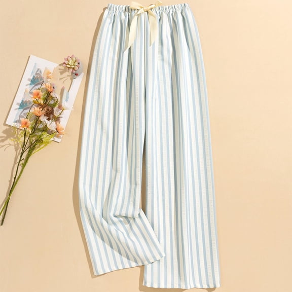 Dasayo Sky Blue Women's Pants Pajama Striped Wide Leg Elastic Waist Loose Cozy Pants Jogger Pants for Women Free Size