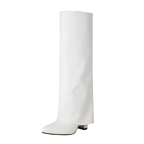 Dasayo Slouch Boots for Women Mid-Calf Wide Width White Pointed Toe Dress Low Heel Faux Leather Boots Women Shoes 40