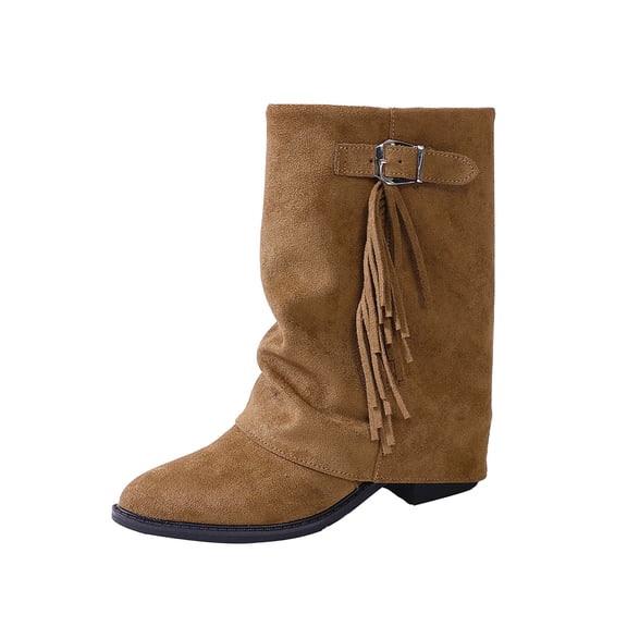 Dasayo Slouch Woman Boots Mid-Calf Yellow Wide Calf Western Fringe Buckle Pointed Toe Boots Shoes Women 36